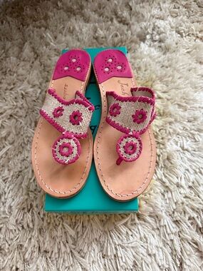 Jack Rogers Natural Raffia Sandals with Magenta Braided Trim. Sz 8M